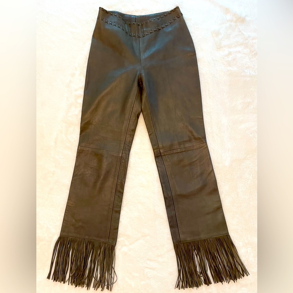 Olive green leather pants with fringed hem - unique